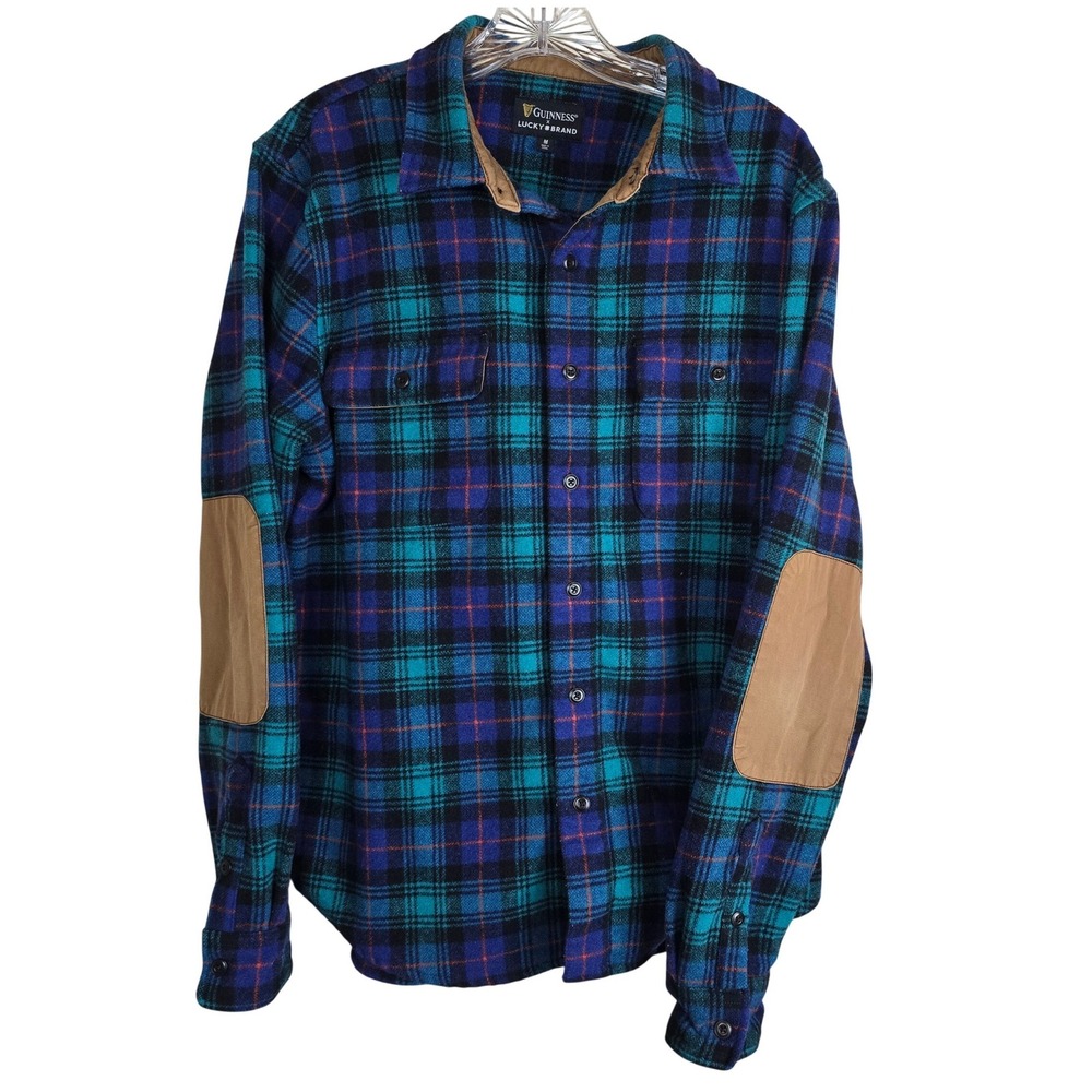 Lucky Brand x Guinness Plaid Wool Blend Flannel Shirt Men's Medium Elbow Patches